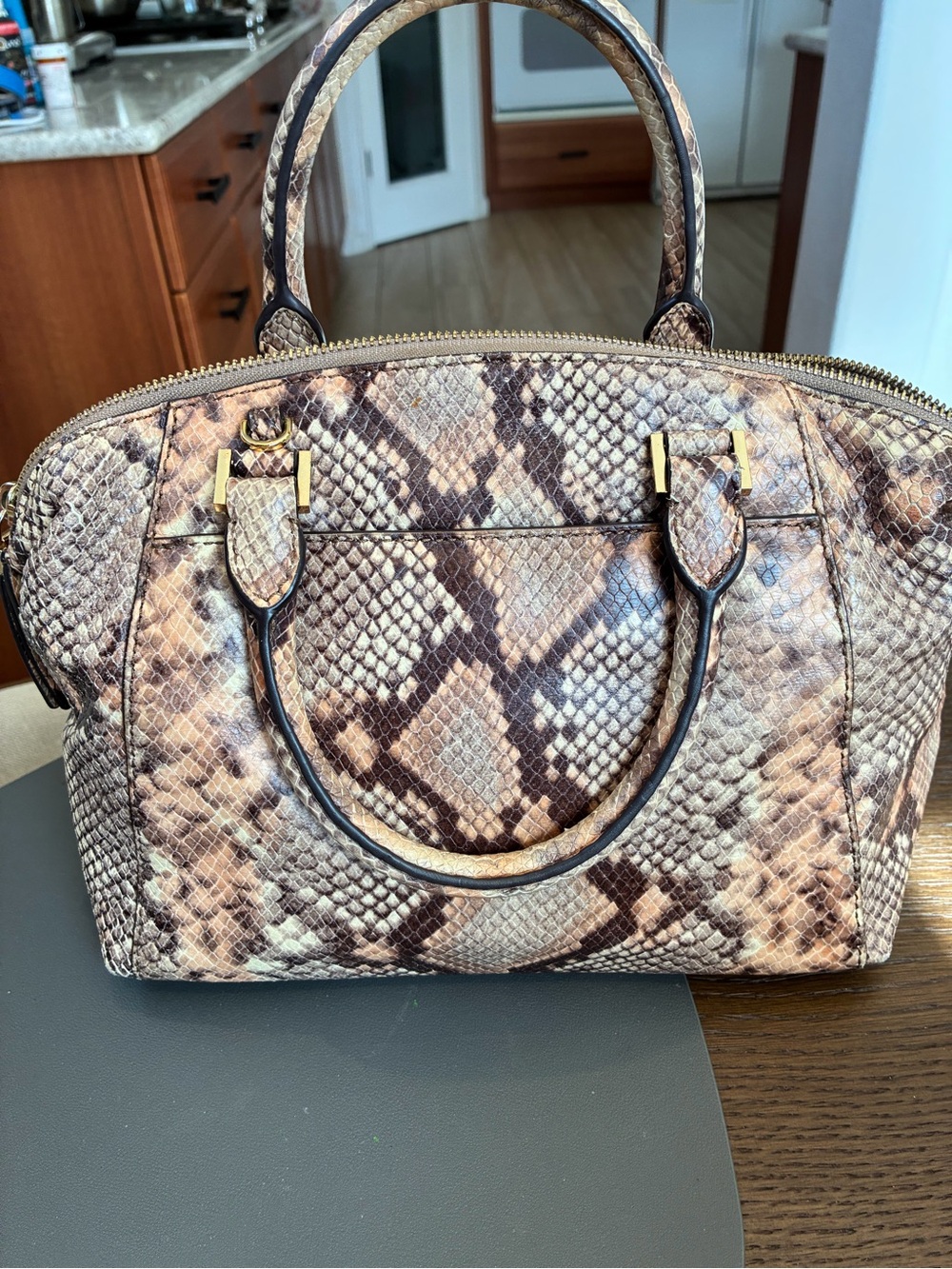 Michael Kors Brown and Tan Astor  Snake-Print Satchel - Picture 3 of 15